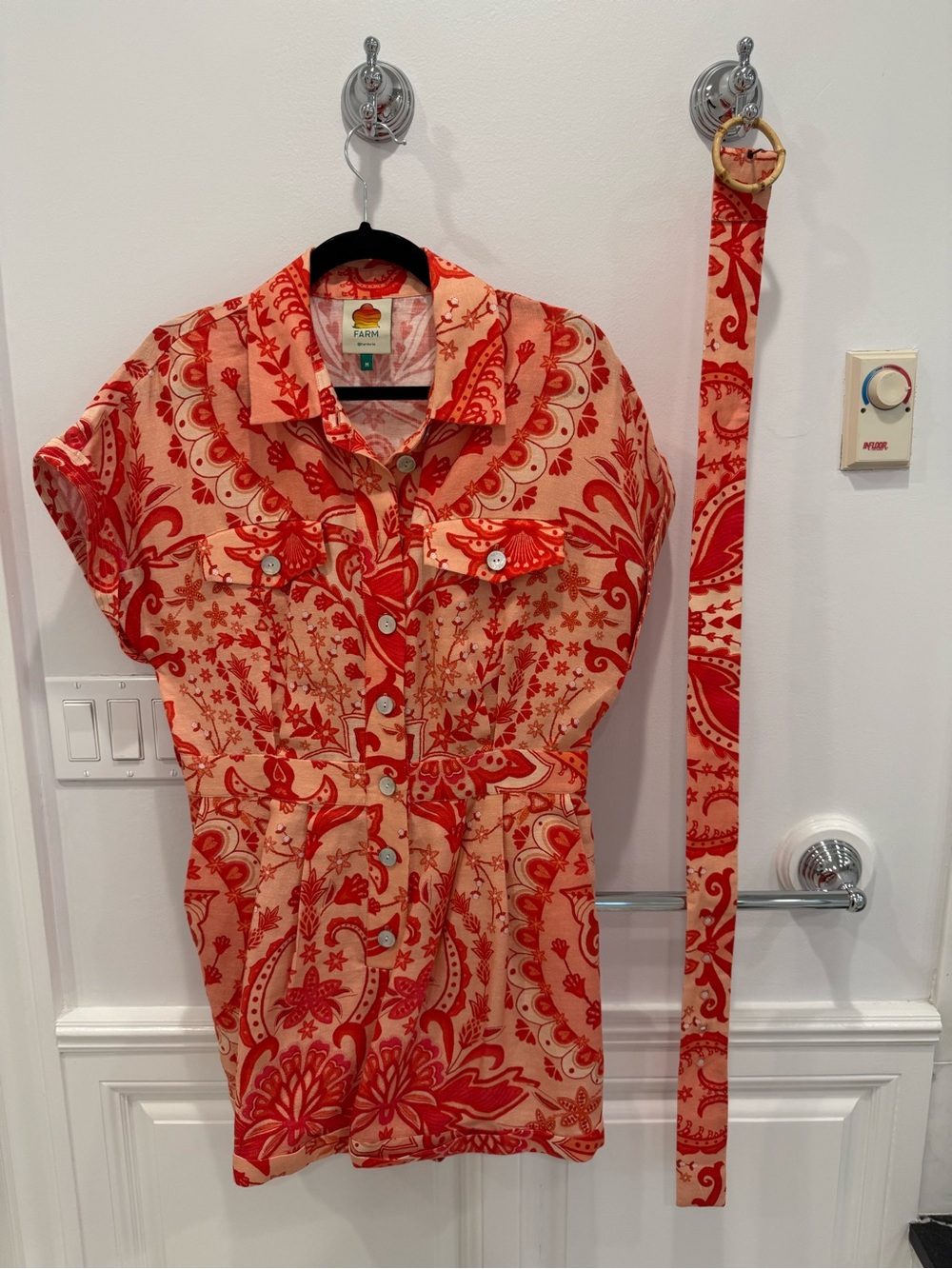 FARM Rio Red Paisley Shirt Romper with Matching Belt